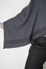 Lorena Antoniazzi Virgin Wool Gingham Poncho with Sequin Trim in Grey Vancouver. Shop Online or in Store.