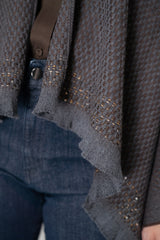 Lorena Antoniazzi Virgin Wool Gingham Poncho with Sequin Trim in Grey and Brown Vancouver. Shop Online or in Store.