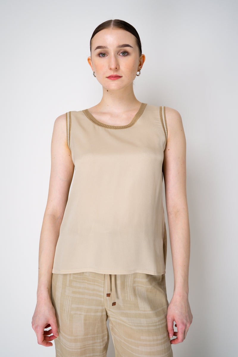 Lorena Antoniazzi Viscose Blend Tank Blouse with Knit Back in Gold Vancouver. Shop Online or in Store.