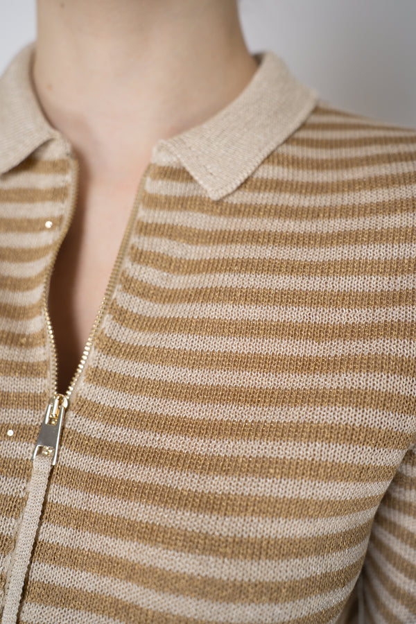 Lorena Antoniazzi Viscose Knit Striped Short Sleeve Polo Shirt in Brown and Gold Vancouver. Shop Online or in Store.