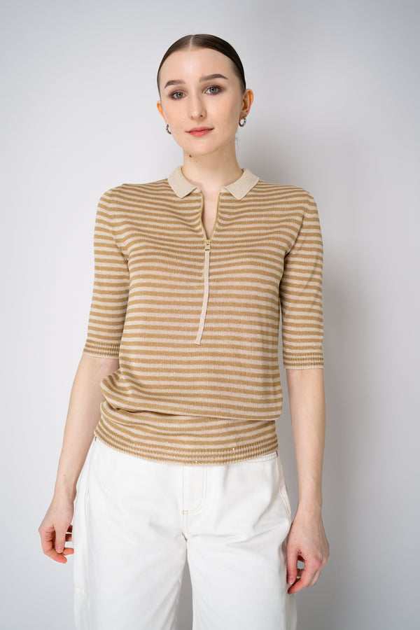 Lorena Antoniazzi Viscose Knit Striped Short Sleeve Polo Shirt in Brown and Gold Vancouver. Shop Online or in Store.
