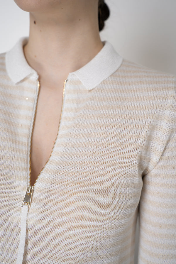 Lorena Antoniazzi Viscose Knit Striped Short Sleeve Polo Shirt in Gold and White Vancouver. Shop Online or in Store.