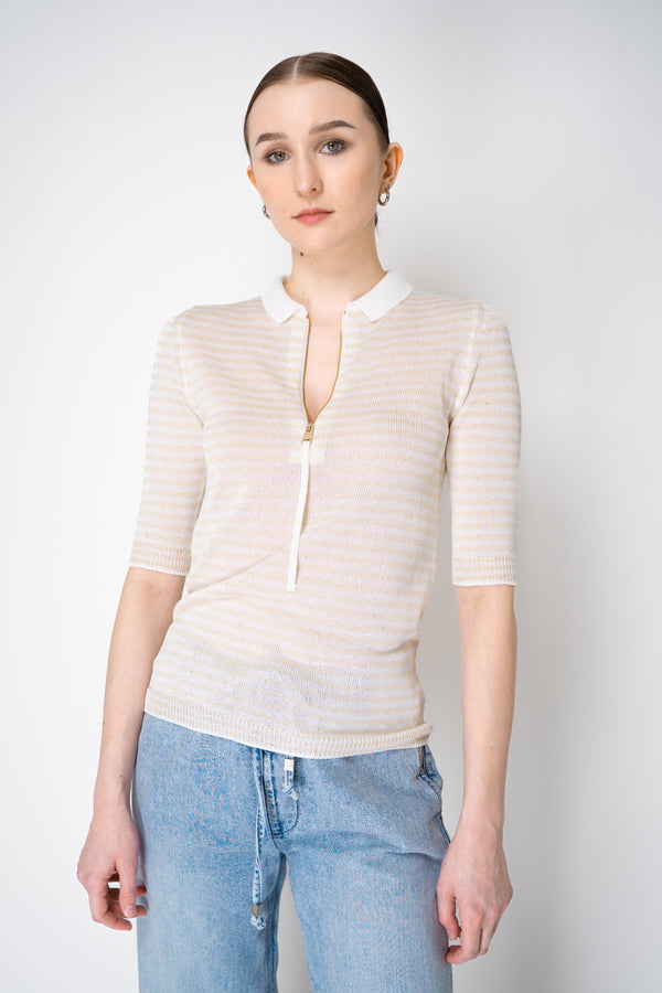 Lorena Antoniazzi Viscose Knit Striped Short Sleeve Polo Shirt in Gold and White Vancouver. Shop Online or in Store.