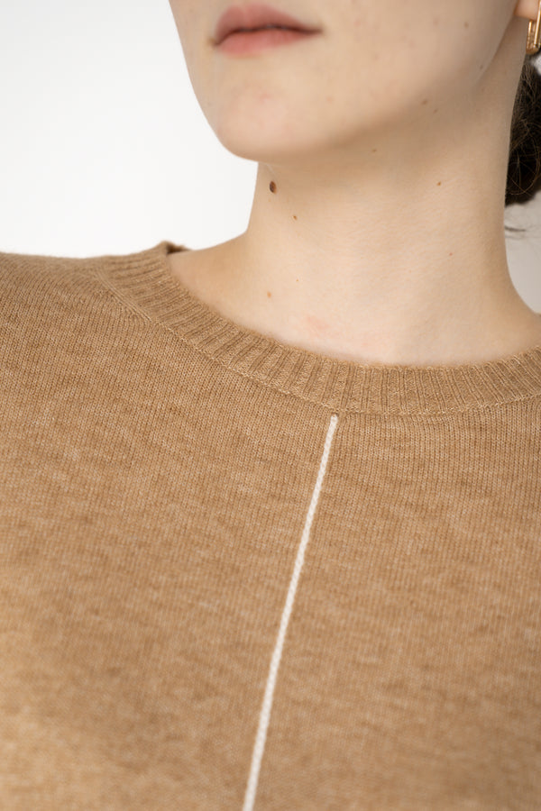 Lorena Antoniazzi Wool A-line Pullover with White Stitching in Camel Vancouver. Shop Online or in Store.