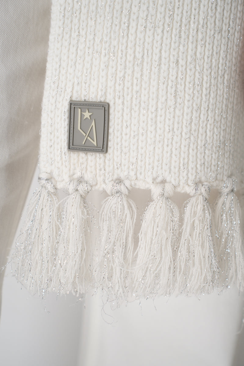 Lorena Antoniazzi Wool Cashmere Fringed Lurex Scarf in Frosty White Vancouver. Shop Online or in Store.