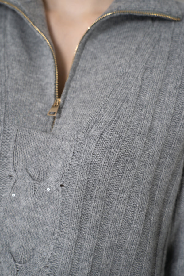 Lorena Antoniazzi Wool Cashmere Half-Zip Cable Knit Pullover in Grey Vancouver. Shop Online or in Store.