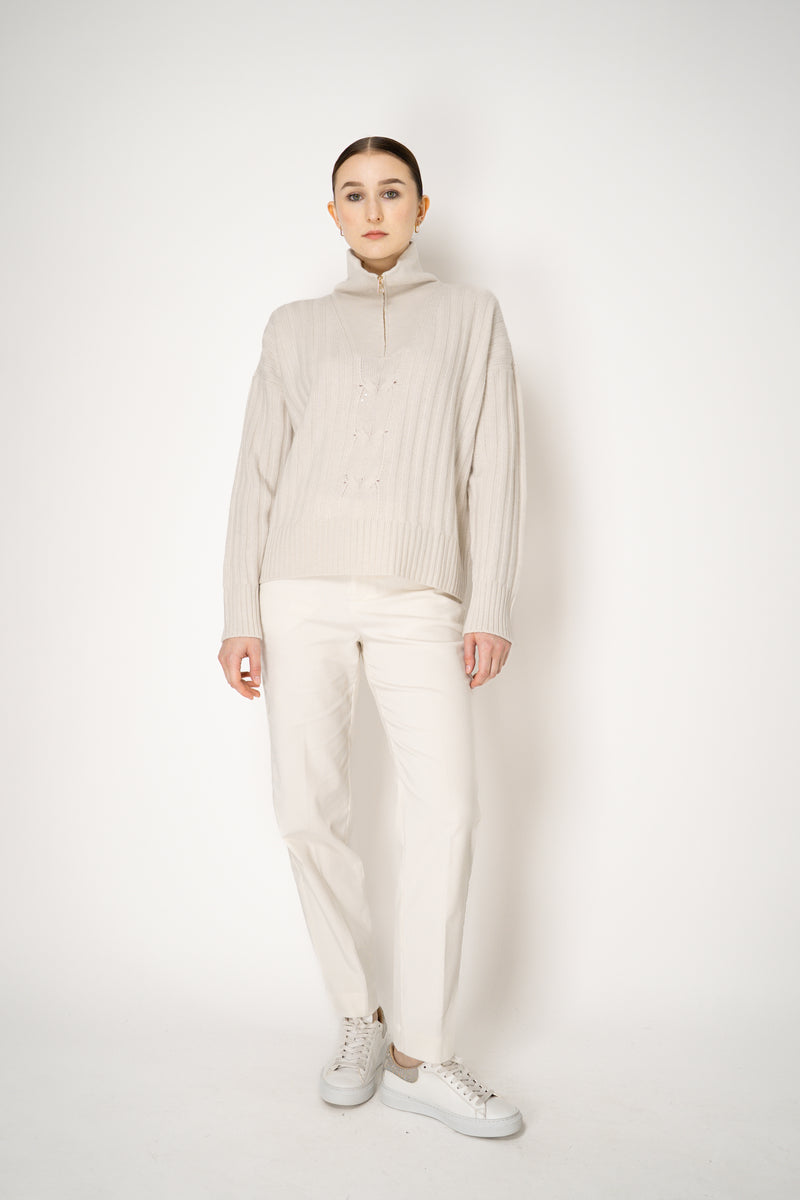 Lorena Antoniazzi Wool Cashmere Half-Zip Cable Knit Pullover in White Vancouver. Shop Online or in Store.