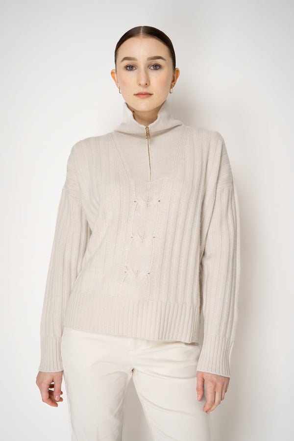Lorena Antoniazzi Wool Cashmere Half-Zip Cable Knit Pullover in White Vancouver. Shop Online or in Store.