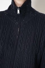 Lorena Antoniazzi Wool Cashmere High Neck Cable Knit Cardigan in Navy Vancouver. Shop Online or in Store.
