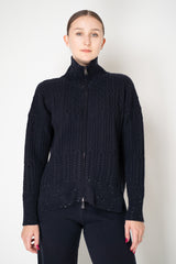 Lorena Antoniazzi Wool Cashmere High Neck Cable Knit Cardigan in Navy Vancouver. Shop Online or in Store.