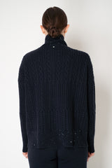 Lorena Antoniazzi Wool Cashmere High Neck Cable Knit Cardigan in Navy Vancouver. Shop Online or in Store.
