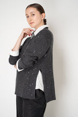 Lorena Antoniazzi Wool Cashmere Knit Mock Neck Sequin Sweater with High Slits in Grey Vancouver. Shop Online or in Store.