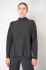 Lorena Antoniazzi Wool Cashmere Knit Mock Neck Sequin Sweater with High Slits in Grey Vancouver. Shop Online or in Store.