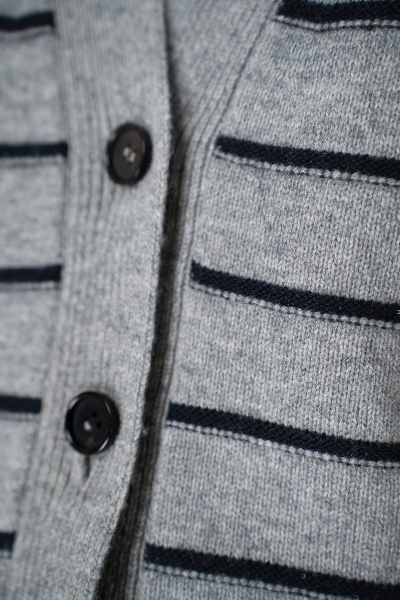 Lorena Antoniazzi Wool Cashmere V-Neck Knit Stripe Vest in Grey and Navy Vancouver. Shop Online or in Store.