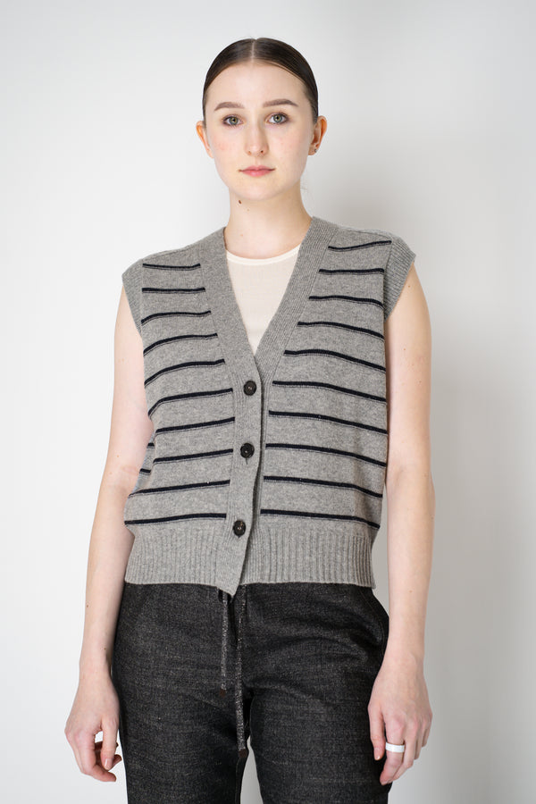Lorena Antoniazzi Wool Cashmere V-Neck Knit Stripe Vest in Grey and Navy Vancouver. Shop Online or in Store.