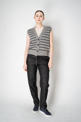 Lorena Antoniazzi Wool Cashmere V-Neck Knit Stripe Vest in Grey and Navy Vancouver. Shop Online or in Store.