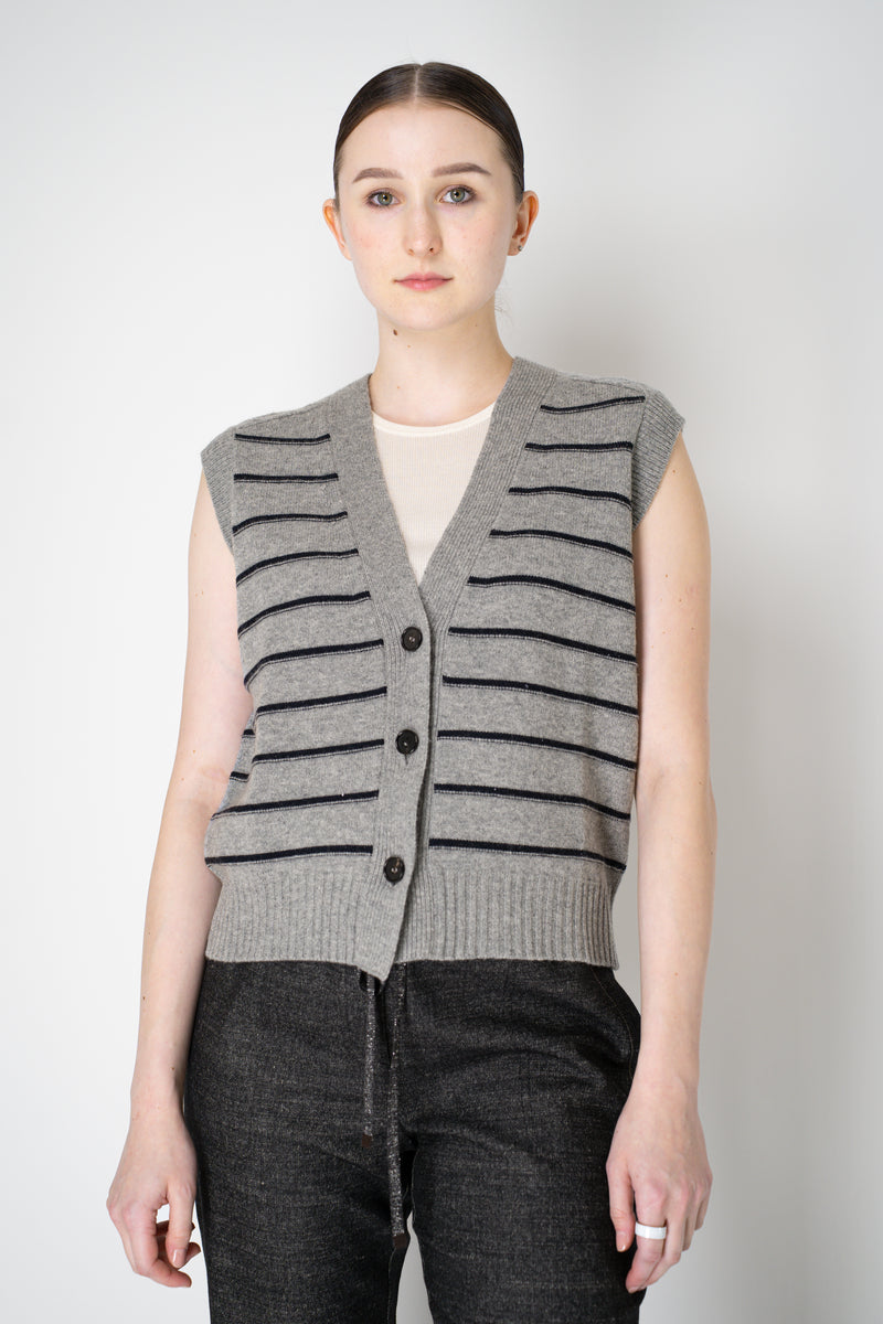 Lorena Antoniazzi Wool Cashmere V-Neck Knit Stripe Vest in Grey and Navy Vancouver. Shop Online or in Store.