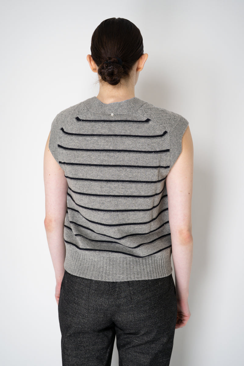 Lorena Antoniazzi Wool Cashmere V-Neck Knit Stripe Vest in Grey and Navy Vancouver. Shop Online or in Store.