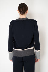 Lorena Antoniazzi Wool Cashmere V-neck Cardigan with Colour Blocking Trims in Navy Vancouver. Shop Online or in Store.