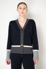 Lorena Antoniazzi Wool Cashmere V-neck Cardigan with Colour Blocking Trims in Navy Vancouver. Shop Online or in Store.