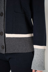 Lorena Antoniazzi Wool Cashmere V-neck Cardigan with Colour Blocking Trims in Navy Vancouver. Shop Online or in Store.