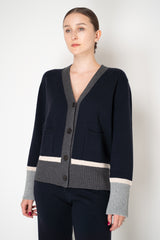 Lorena Antoniazzi Wool Cashmere V-neck Cardigan with Colour Blocking Trims in Navy Vancouver. Shop Online or in Store.