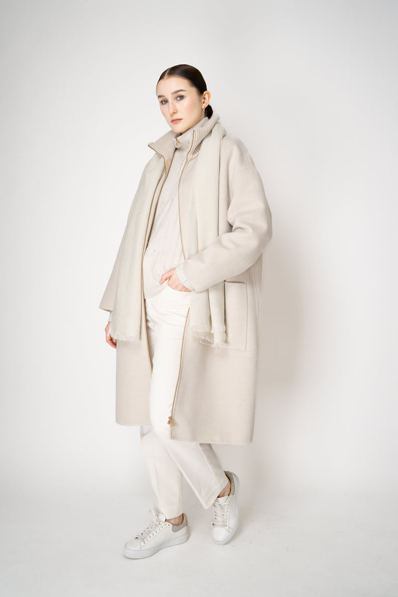 Lorena Antoniazzi Wool Coat with Knit Neckline in Cream Vancouver. Shop Online or in Store.