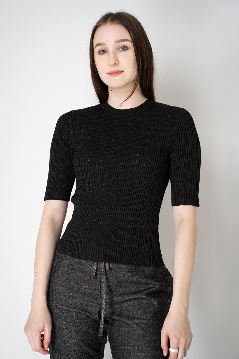 Lorena Antoniazzi Wool Viscose Ribbed Lurex Short Sleeve Pullover in Black Vancouver. Shop Online or in Store.