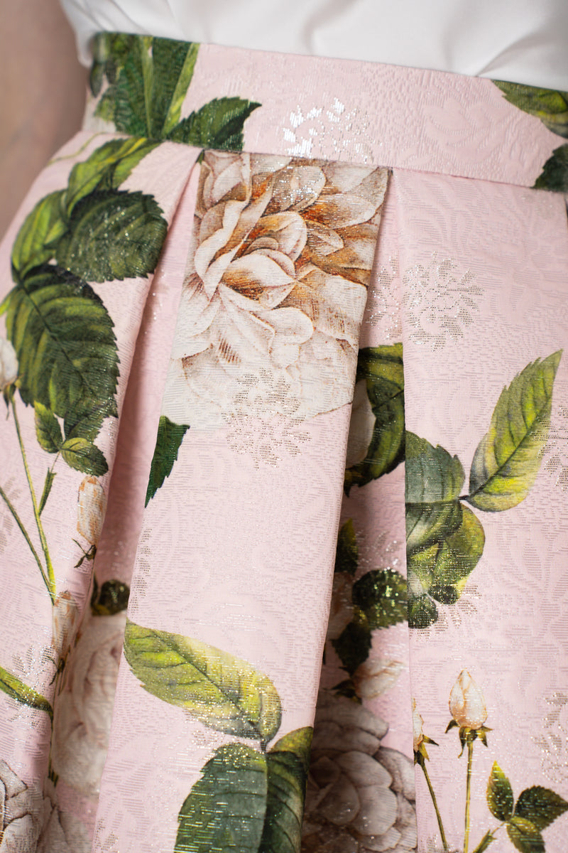 Lunatica Milano Brocade Maxi Skirt Luna MLX Roses Print in Pink Vancouver. Shop Online or in Store.
