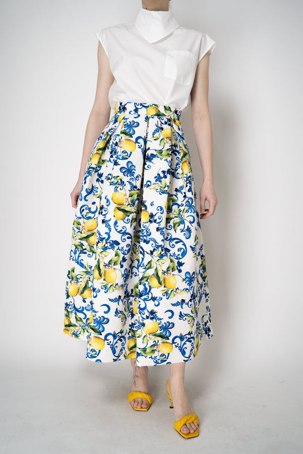 Lunatica Milano Brocade Maxi Skirt T-Lemon Print in White and Blue Vancouver. Shop Online or in Store.