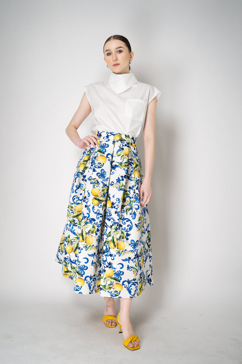 Lunatica Milano Brocade Maxi Skirt T-Lemon Print in White and Blue Vancouver. Shop Online or in Store.