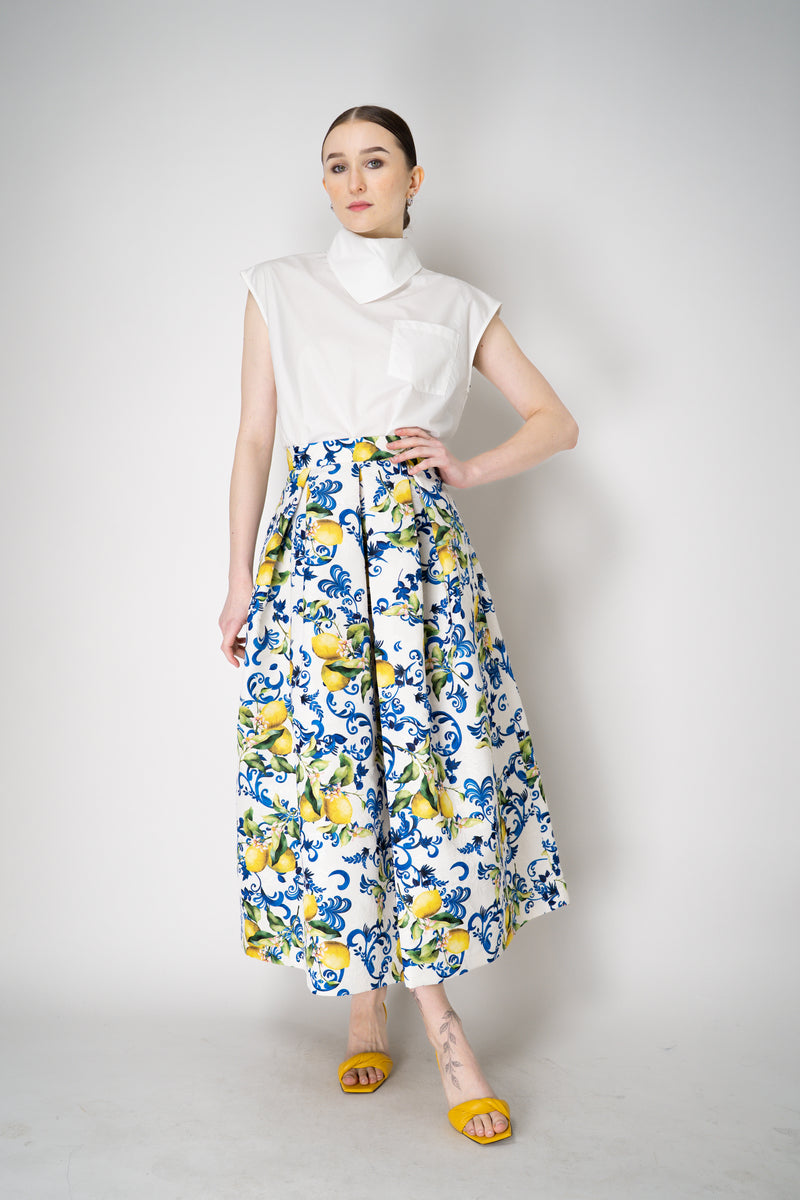 Lunatica Milano Brocade Maxi Skirt T-Lemon Print in White and Blue Vancouver. Shop Online or in Store.
