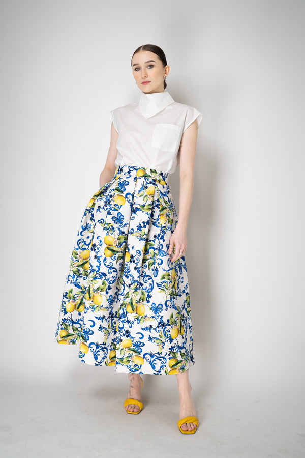 Lunatica Milano Brocade Maxi Skirt T-Lemon Print in White and Blue Vancouver. Shop Online or in Store.