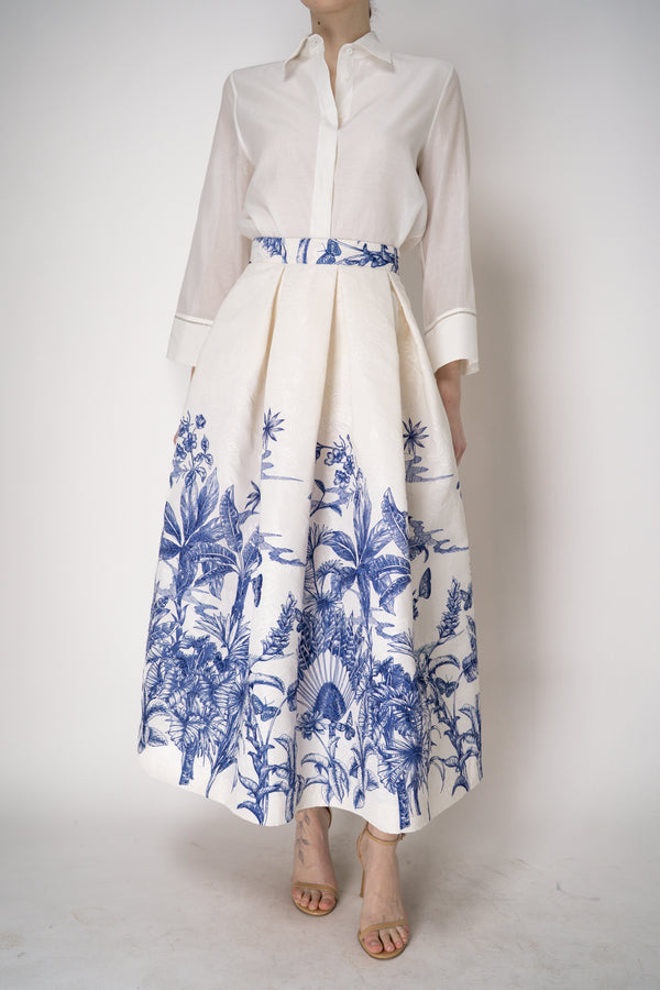 Lunatica Milano Brocade Maxi Skirt T-Palm Print in White and Blue Vancouver. Shop Online or in Store.