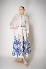 Lunatica Milano Brocade Maxi Skirt T-Palm Print in White and Blue Vancouver. Shop Online or in Store.