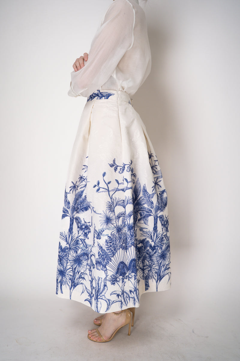Lunatica Milano Brocade Maxi Skirt T-Palm Print in White and Blue Vancouver. Shop Online or in Store.