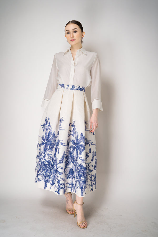 Lunatica Milano Brocade Maxi Skirt T-Palm Print in White and Blue Vancouver. Shop Online or in Store.