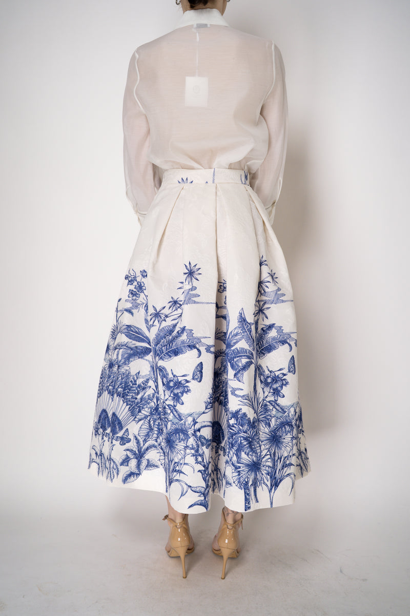Lunatica Milano Brocade Maxi Skirt T-Palm Print in White and Blue Vancouver. Shop Online or in Store.