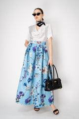 Lunatica Milano Matelasse Brocade Maxi Pleated Skirt in Azur Flower Print Vancouver. Shop Online or in Store.