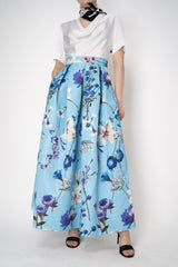 Lunatica Milano Matelasse Brocade Maxi Pleated Skirt in Azur Flower Print Vancouver. Shop Online or in Store.