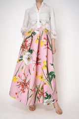 Lunatica Milano Matelasse Brocade Maxi Pleated Skirt in Pink Garden Print Vancouver. Shop Online or in Store.