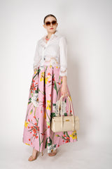 Lunatica Milano Matelasse Brocade Maxi Pleated Skirt in Pink Garden Print Vancouver. Shop Online or in Store.