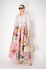 Lunatica Milano Matelasse Brocade Maxi Pleated Skirt in Pink Garden Print Vancouver. Shop Online or in Store.