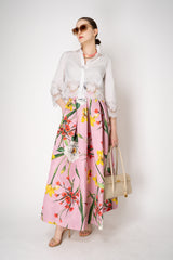 Lunatica Milano Matelasse Brocade Maxi Pleated Skirt in Pink Garden Print Vancouver. Shop Online or in Store.
