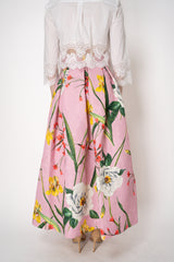 Lunatica Milano Matelasse Brocade Maxi Pleated Skirt in Pink Garden Print Vancouver. Shop Online or in Store.