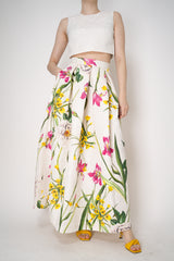 Lunatica Milano Matelasse Brocade Maxi Pleated Skirt in White Garden Print Vancouver. Shop Online or in Store.