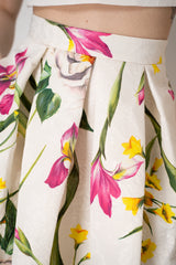 Lunatica Milano Matelasse Brocade Maxi Pleated Skirt in White Garden Print Vancouver. Shop Online or in Store.