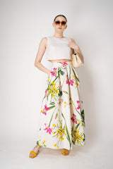 Lunatica Milano Matelasse Brocade Maxi Pleated Skirt in White Garden Print Vancouver. Shop Online or in Store.