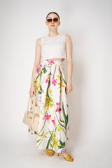 Lunatica Milano Matelasse Brocade Maxi Pleated Skirt in White Garden Print Vancouver. Shop Online or in Store.