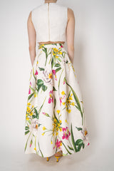 Lunatica Milano Matelasse Brocade Maxi Pleated Skirt in White Garden Print Vancouver. Shop Online or in Store.
